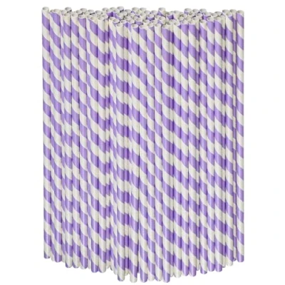 Imagen de Pajitas de papel desechables extralargas 26 cm, 0,6 cm diámetro, rayas moradas/blancas, 100 unidades