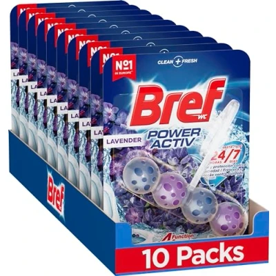 Imagen de Bref Power Activ Lavanda Cesta WC Limpia baño para un siempre limpio y fresco, limpiador de baños con fórmula antical que elimina la suciedad, pack 10 unidades