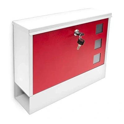 Imagen de Relaxdays Buzón con Espacio para Periódicos, 30x36x10 cm, Metal, 2 Llaves, Mailbox Correo Moderno, Blanco/Rojo, Acero, 10 x 36 30 cm