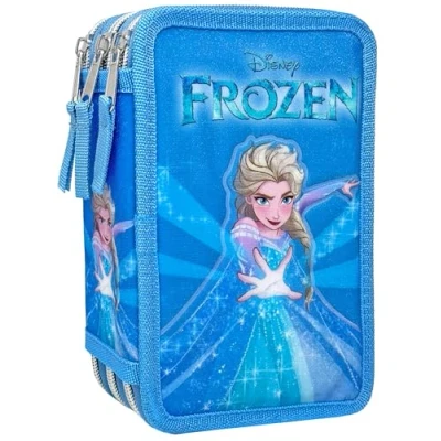 Imagen de Clondo Estuche de triple relleno para niños, niños y niñas, 44 utensilios escolares, 3 cremalleras, lápices colores, rotuladores, tijeras, Frozen25,