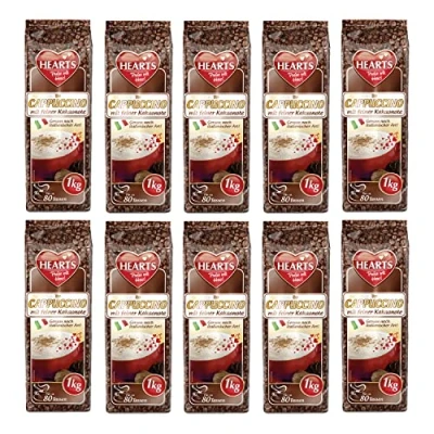 Imagen de HEARTS Cappuccino con fina nota de cacao 10 x 1 kg paquete aprox. 80 tazas por bolsa, aroma intenso, lechoso y cremoso, práctico familiar