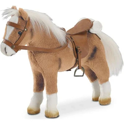 Imagen de Götz 3401926 Muñeco Caballo Haflinger Fritz (Altura del Palo 24 cm) de Peluche Flexible 28 cm Alto para muñecos pie con Silla, Brida y Manta Picnic