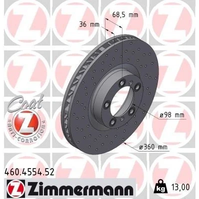 Imagen de ZIMMERMANN 460.4554.52 Disco de freno 360 36 7/5 5 130 ventilación interna, perforado revestido altamente carbonizado