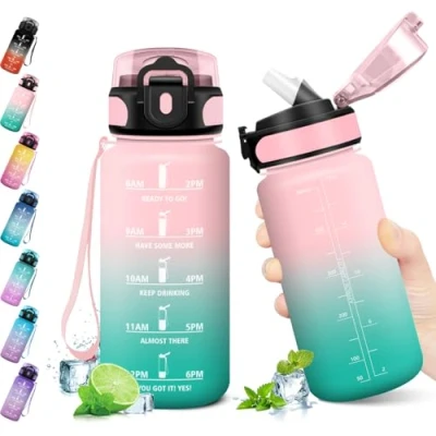 Imagen de KollyKolla Botella Agua Deporte, Niño 500ML, con Pajita, Prueba de Fugas, Marcador Tiempo Motivación, Cantimplora para Niños, Adulto, Gimnasio, Bicicleta, Escuela, Oficina