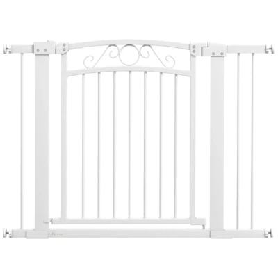 Imagen de PawHut Barrera para Perros Puerta 76 104 cm de Seguridad con 2 Extensiones 7/14 y Doble Bloqueo Escaleras Puertas Blanco