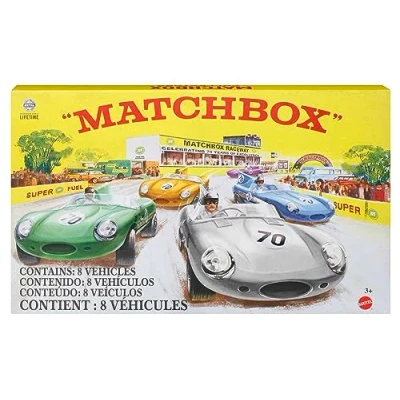 Imagen de Matchbox 8 coches metálicos a escala 1:64 que incluye 1 vehículo exclusivo, neumáticos con un buen agarre y acabado en tono platino, para coleccionistas , HPC03