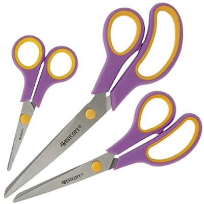 Imagen de Westcott Easy Grip Tijeras 3 piezas Cassis Juego de universales con agarre cómodo Cuchilla acero inoxidable extra afilada y duradera para hogar oficina N 90029 00