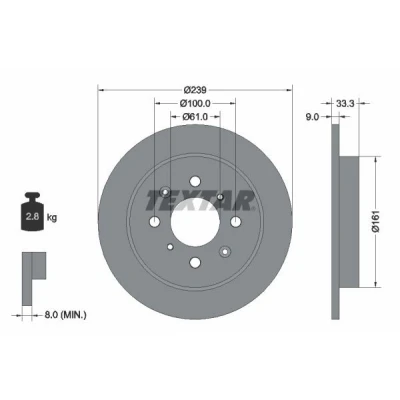 Imagen de TEXTAR 92204000 Disco de freno 239 9 04/08 100 macizo sin perno sujeción rueda, buje rueda HONDA: Jazz 2, 3
