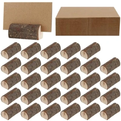 Imagen de YUENPUN 30 soportes para tarjetas de lugar madera rústica, soporte nombre, números mesa con 45 papel,