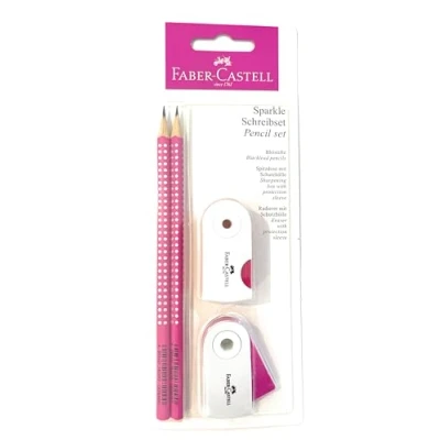 Imagen de Faber Castell 218487 juego de lápices Sparkle, con sacapuntas, goma borrar y 2 lápices, escritura en color rosa