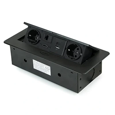 Imagen de Emuca Regletas enchufe, Regleta multienchufe retráctil para empotrar en la mesa, base de enchufes multiconector (enchufe EU tipo F, USB A+C, RJ45 y HDMI), 265x120mm, Negro