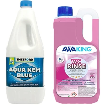 Imagen de Thetford Aqua KEM Blue + Rinse 2L Awaking, Pack Aditivos para Aguas Negras de Caravanas, Depósito Residuos Autocaravanas, Sanitary Fluid, Altamente Concentrado, Líquido Potty, WC Quimico