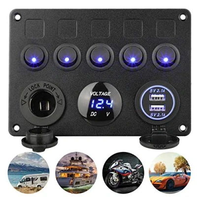 Imagen de UMISKY 5 Brazo Interruptor de pandilla Panel Control, Dual Toma USB + 12V Voltímetro Digital LED Encendedor Cigarrillos para Coche Barco Marino Carvan Vehículos