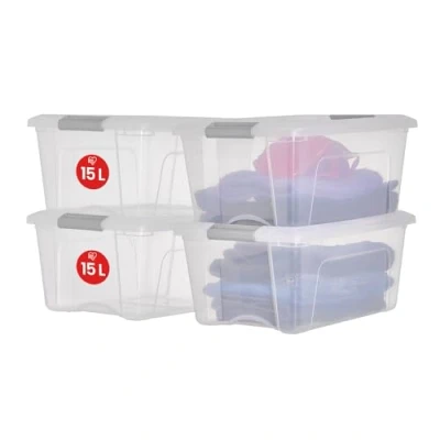 Imagen de Iris Ohyama 4 Cajas de almacenamiento con tapas, 15L, Plata, Clips Cierre, Duradero, Apilable, para Dormitorio, Armario, Oficina, Organizadora, Ropa y Zapados, Libre BPA, NTB 15