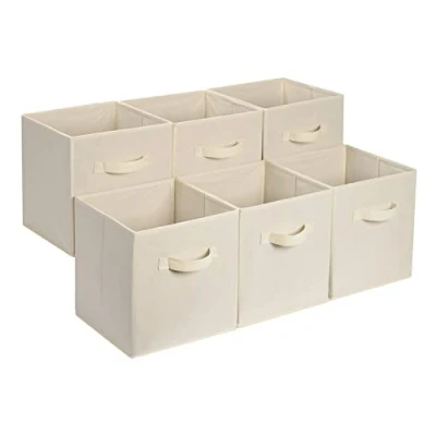 Imagen de Amazon Basics Cubos de almacenamiento, tela, plegables, con asas, 33x33x33 cm, color beige, juego 6