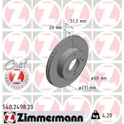 Imagen de ZIMMERMANN COAT Z 540.2498.20 Disco de freno 231 20 6/4 4 100 ventilación interna revestido SUZUKI: Alto VII, NISSAN: Pixo