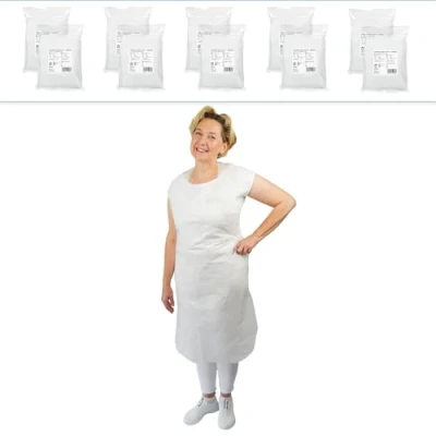 Imagen de ARNOMED delantal de plastico PE 500 uds, impermeable, desechable 18µ grosor, pack delantales desechables 75x125cm, blanco, resistente al aceite
