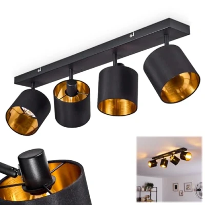 Imagen de lámpara de techo Alsen, metal/tejido en negro/oro, 4 luces, con focos ajustables, x E14, foco pantalla textil diseño retro/vintage, sin bombilla(s)