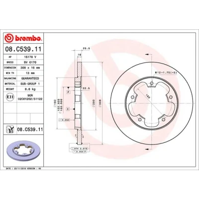 Imagen de BREMBO 08.C539.11 Disco de freno 308 16 5 macizo revestido FORD: Transit V363 Furgón, Camión plataforma / Chasis, Bus