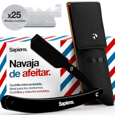 Imagen de Sapiens Barbershop Navaja de Afeitar Hombre Barbero para Barba + 20 Medias Cuchillas Derby Funda Protectora Cuchilla