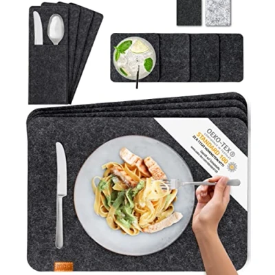 Imagen de Manteles Individuales de Fieltro y Cuero en Estilo Escandinavo 4 Manteles, Posavasos, Bolsas Portacubiertos