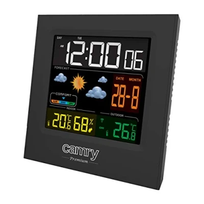 Imagen de CAMRY CR1166 Estación Meteorológica Temperatura y Humedad Interior Exterior, Sensor Inalámbrico, Pronóstico de Tiempo, Indicador Fecha Hora, 2 Alarmas Independientes