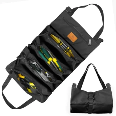 Imagen de Sinand bolsa herramientas, de lona para llaves inglesas, caja herramientas con 5 bolsillos cremallera, ideal fontaneros y electricistas (Negro)