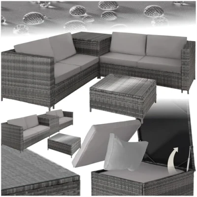 Imagen de TecTake® Conjunto Jardín de Ratán Combinable con Cojines Grosor 8 cm, Terraza Acero y Resistente a la Intemperie, Muebles Exterior 2 Sofás, 1 Mesa, Caja Almacenaje Gris/Gris Claro
