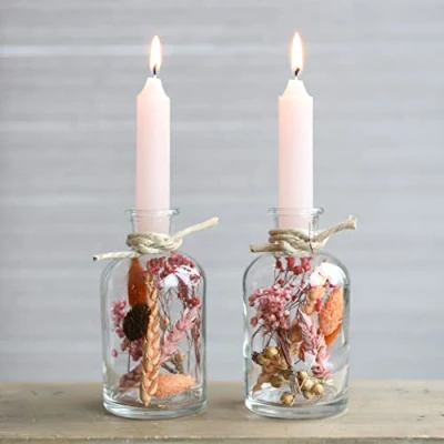 Imagen de comforder Portavelas de Cristal con Flores Secas. Set 2 Candelabros para Centros Decorativos Mesa, Velas Decorativas (Rosa)