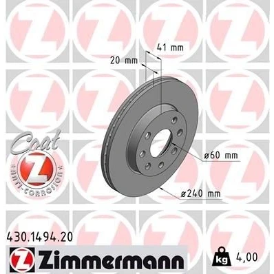Imagen de ZIMMERMANN COAT Z 430.1494.20 Disco de freno 240 20 7/4 4 100 ventilación interna revestido OPEL: Corsa C Hatchback, С Furgón