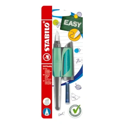 Imagen de STABILO EASYbuddy Pluma estilográfica ergonómica en color verde menta, punta estándar, cartucho azul incluido