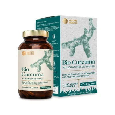Imagen de Nature Basics® BIO Cápsulas DE Cúrcuma con pimienta negra 180 4575mg / 228mg Curcumina y 15mg Piperina veganas, probadas en laboratorio, CO2 neutral