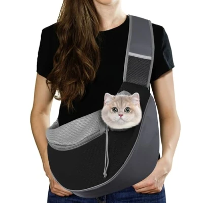 Imagen de Pawaboo Bolso Bandolera para Perros, Bolsa Portátil Mascotas con Correa Ajustable y Bolsillos, de Mensajero Transpirable Cómoda Cachorros Gatitos, S, Gris Oscuro + Negro