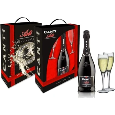 Imagen de Canti Asti D.O.C.G. Millesimato, Vino Espumoso Moscato d&#039;Asti 7%, Caja Regalo con Dos Copas, Uva Italiana de Piamonte, Sabor Afrutado y Aromático, 1x750 ml