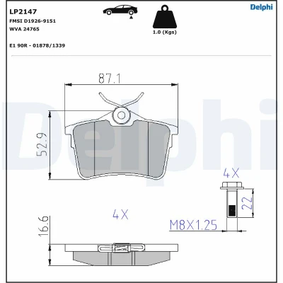 Imagen de DELPHI LP2147 Juego de pastillas freno no preparado para indicador desgaste con lámina adhesiva accesorios PEUGEOT: Partner II Tepee