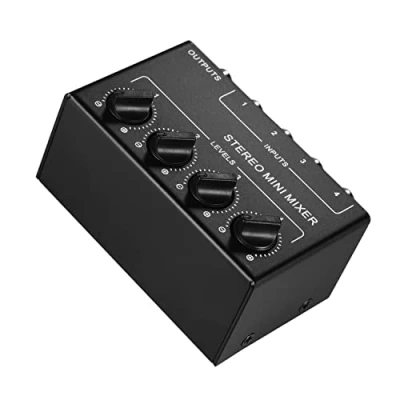 Imagen de Fesjoy Mezclador de sonido Mini audio estéreo con entradas RCA 4 canales Controles volumen independientes Full Metal Shell