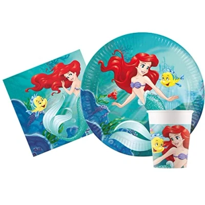 Imagen de Ciao Kit Vajilla de Fiesta Disney Princess Ariel Little Mermaid la Sirenetta para 8 personas (36 pcs: platos Ø23cm, Ø20cm, vasos 200ml, 20 servilletas 33x33cm)