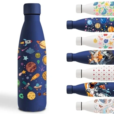 Imagen de Botella Agua Acero Inoxidable 500ml, Cantimplora Inoxidable, Fácil de Transportar, Personalizada con Cohete, Infantil para la Escuela, Cafetería, Oficina, Azul Oscuro