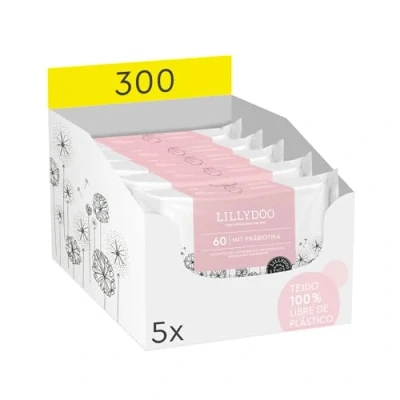 Imagen de Toallitas con prebióticos LILLYDOO, 300 unidades (5 x 60), tejido 100% libre de plástico, sin perfumes (FSC Mix)