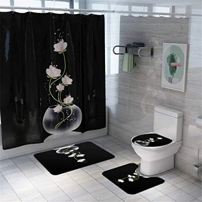 Imagen de Enhome Juego de 4 Piezas Alfombra baño Antideslizante + Tapa Inodoro Alfombrilla Cortina Ducha, Estampado Floral (Loto Blanco)