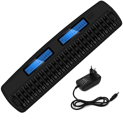 Imagen de Palogreen Cargador Inteligente de 24 bahías para Pilas AA AAA con Pantalla LCD Recargables NiMH NiCD 1,2 V función actualización y Estuche