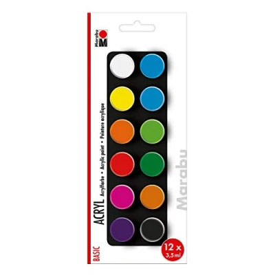 Imagen de Marabu 1210000000206 Juego de principiantes pinturas acrílicas básicas, 12 colores en 3,5 ml, a base agua, resistente al agua y la luz, secado rápido para bastidores, papel, cartón, madera