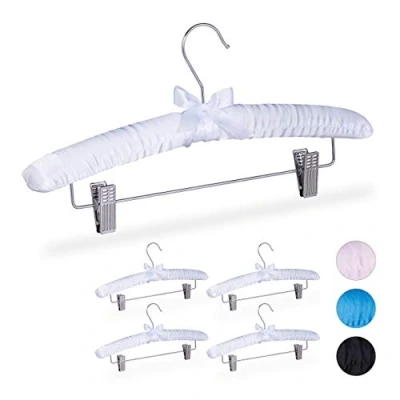 Imagen de Relaxdays Pack 5 Perchas Forradas Raso, Vintage, Pinzas Ajustables, Gancho Giratorio, 19,5x38x3,5 cm, Blanco