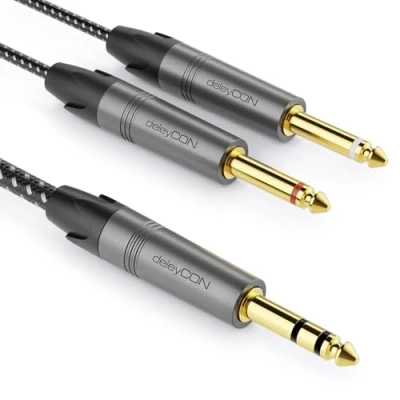Imagen de deleyCON 1m Jack de 6,3mm Estéreo a 2x Mono Cable Inserción Audio en Y Divisor Interfaz Digital para Instrumentos Guitarra, Amplificador, Micrófono