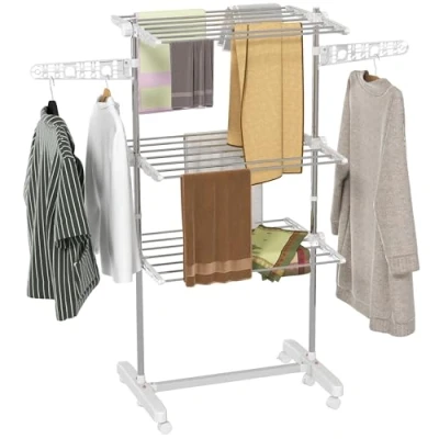 Imagen de HOMCOM Tendedero Vertical Plegable de Ropa con 6 Ruedas 2 Laterales Abatibles Estantes Ajustables y Marco Acero Inoxidable para Interior Exterior Plata