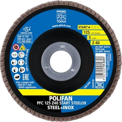Imagen de PFERD POLIFAN 69300934 Disco de láminas, 10 unidades, PFC 125 x 22,23 mm, cónico Z40 START Linie STEELOX, para acero, acero inoxidable (INOX)
