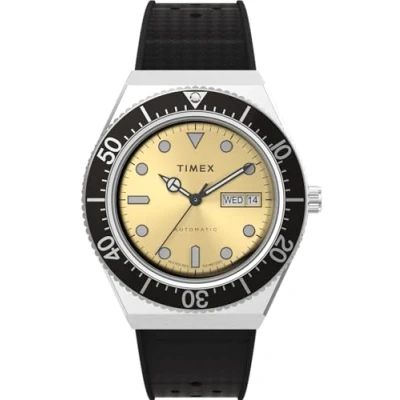 Imagen de Timex Q Automatic Reloj de 40 mm para hombre, acero inoxidable, correa goma sintética, esfera color champán, caja inoxidable TW2W47600