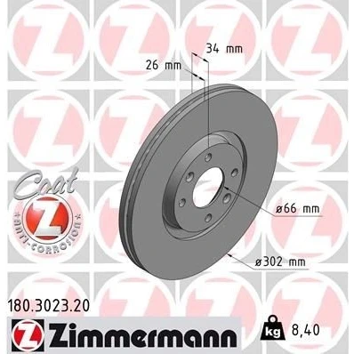 Imagen de ZIMMERMANN COAT Z 180.3023.20 Disco de freno 302 26 6/4 4 108 ventilación externa revestido PEUGEOT: 207 Hatchback, 307 SW