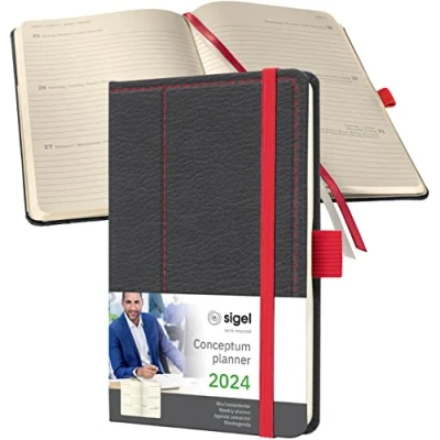 Imagen de SIGEL C2456 Conceptum Agenda semanal 2024, diseño Casual, 9,5 x 15 cm, tapa dura, 176 páginas, gris, rojo
