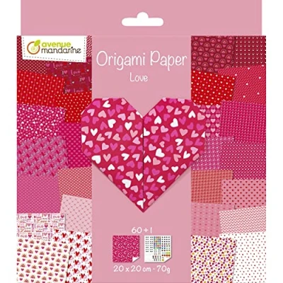 Imagen de Clairefontaine ES Avenue Mandarine OR518C Origami Paper, Love Paquete de 60 hojas 20 x cm 70 g (30 diseños 2 hojas) Una tabla pegatinas ojos incluidas A partir 5 años